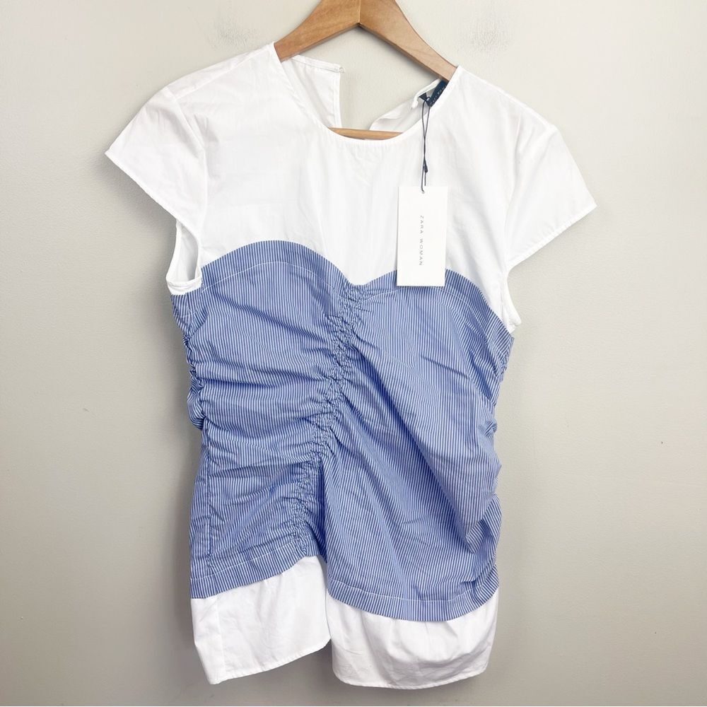 Zara White and Light Blue Ruched Front Short Sleeve Top - Picture 3 of 9